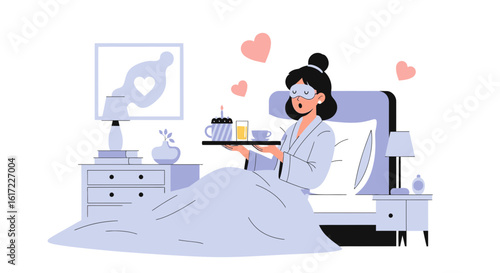 Birthday surprise breakfast in bed with hearts floating around celebrating love