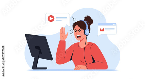 Frustrated woman with headphones yells at computer screen due to technical issues or bad service
