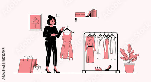 Frustrated woman with damaged dress expresses displeasure about wardrobe problem