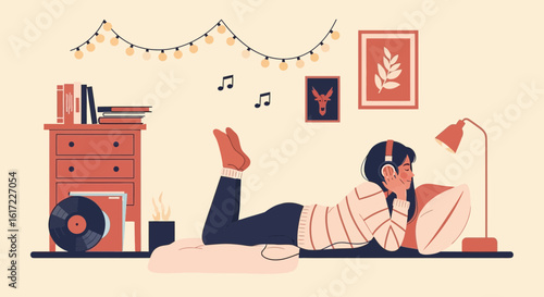 Enjoying Music In A Cozy Room With Headphones, Lamp And Vinyl Record