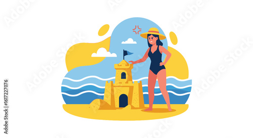 Frustrated Woman With Sandcastle At Beach During Summer Vacation Season