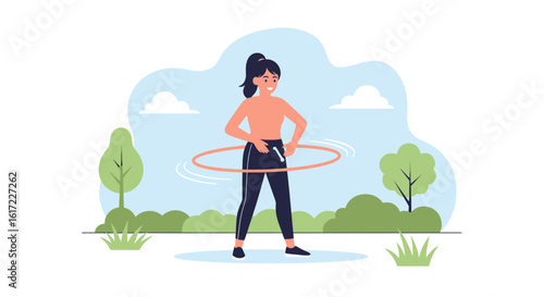 Cheerful Woman Enjoying Hula Hooping Workout In Outdoor Setting With Greenery