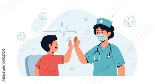 Boy and doctor high-fiving illustration, representing a positive doctor-patient relationship and medical care success