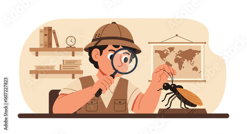 Enthusiastic Entomologist Examining Insect With Magnifying Glass In The Laboratory