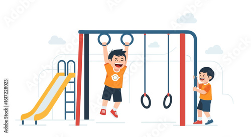Cheerful Youngsters Enjoying Playtime With Gymnastic Rings And Playground Fun