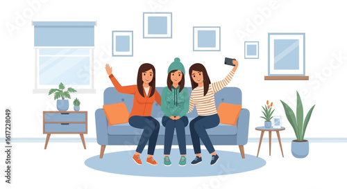 Cheerful Young Women Capturing Memories Together Relaxing On Sofa At Home
