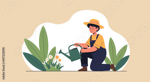 Gardener With Hat Watering Flowers In A Flat Style Illustration Design