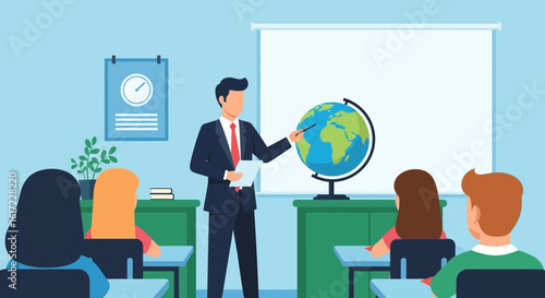 Geography Lesson With Teacher Explaining Globe In Classroom With Students