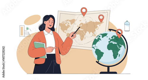Geography Teacher Explaining World Map and Globe in Class Learning Journey