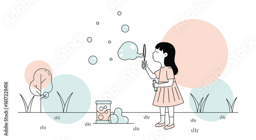 Girl Blowing Bubbles In A Minimalist Pastel Colored Open Air Illustration