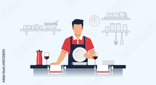 Chef Preparing Plates At Kitchen Restaurant For Serving Dinner Guests
