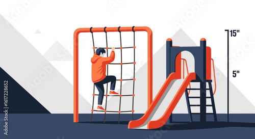 Boy Climbing Up The Playground Net For Fitness And Fun At Recreation Time