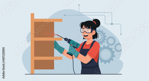 Enthusiastic Woman Assembling Furniture Shelf With Power Drill At Home