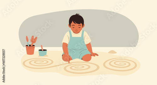 Child Playing With Sand Creating Swirls On A Calm Day Illustration