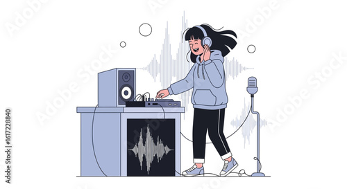 Enthusiastic Woman Produces Music Using Professional Audio Equipment In Studio