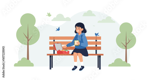 Girl Enjoying a Lunch Break on a Park Bench With Birds and Trees