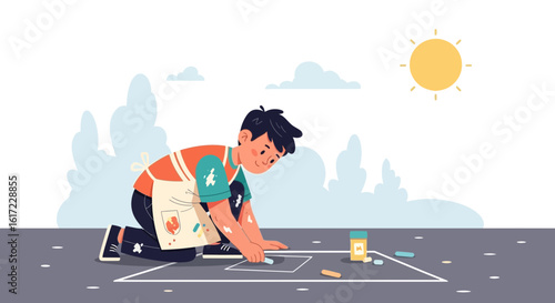 Boy Drawing With Chalk on Sidewalk on a Sunny Day Activity Illustration