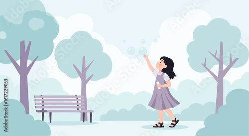 Girl Enjoying Nature Blowing Bubbles On A Serene Afternoon In The Park