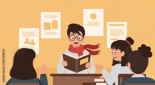 Enthusiastic Young Man Reading Aloud to Classmates During a School Lesson