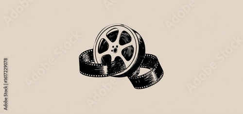 Minimalist vintage film strip and cinema reel vector logo in black on light beige background, hand-drawn clip art style