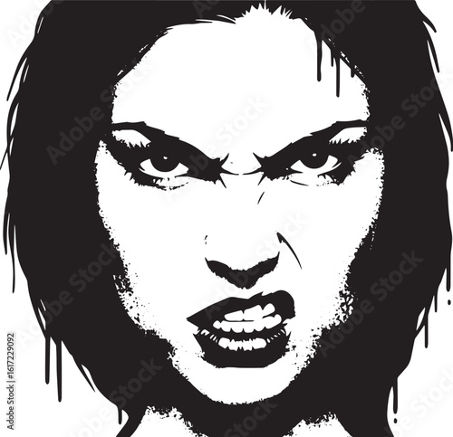Monochrome graphic of a woman expressing intense anger and aggre