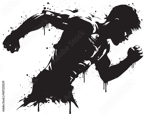 Dynamic silhouette of a man charging forward with explosive ener