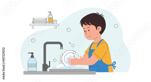 Boy Enjoying Washing Dishes At Home Illustration For Children Activity