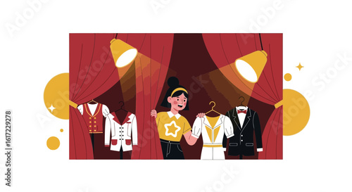 Choosing Fashionable Stage Costume From Wardrobe Behind Red Curtain For Performance