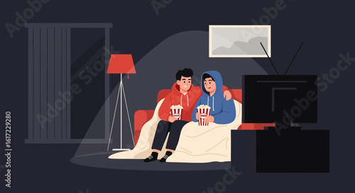 Evening Relaxation Two Friends Enjoying a Movie Night with Popcorn