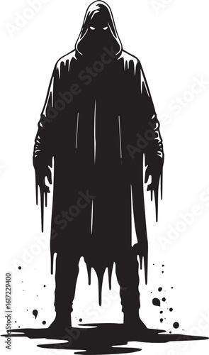 Silhouette of a mysterious hooded figure standing in darkness an