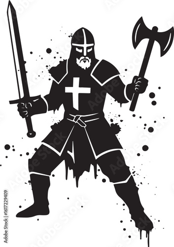 Silhouetted crusader knight with sword and axe, embodying mediev