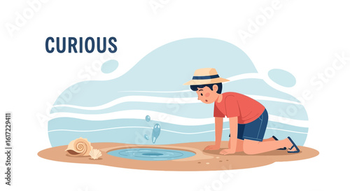 Boy Found Small Pond on Beach During Sunny Day Summer Vacation