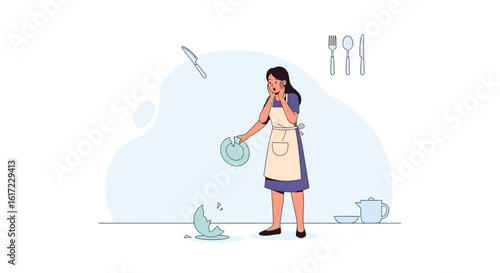 Clumsy Home Cook With Broken Plate In Kitchen Making Mess Illustration