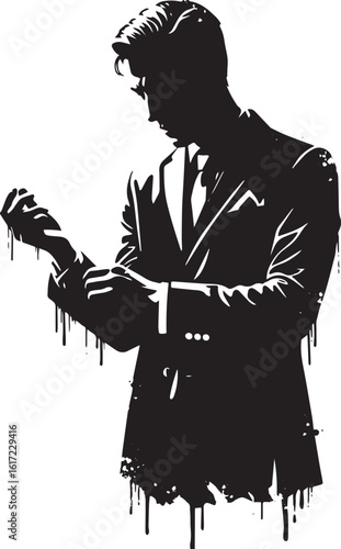 Stylized silhouette illustration of a suited man adjusting his c