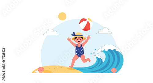 Girl Enjoying Summer Fun At The Beach With Waves And Beach Ball