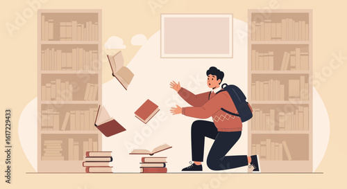 Clumsy Student Drops Books In Library Surrounded By Full Bookshelves
