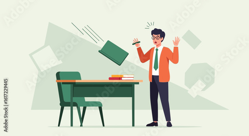 Clumsy Teacher Accidentally Pushing Books Off Desk And Shocked Expression Illustration