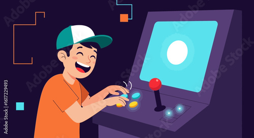 Excited Boy Plays An Old Arcade Machine Experiencing Retro Gaming Fun