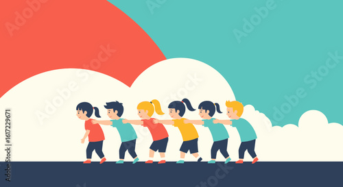 Colorful Illustration Of Children Playing Follow The Leader In A Row