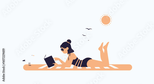 Girl Enjoying Summer Vacation Lying on Beach Reading a Book Illustration