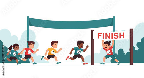 Excited Children Running Towards the Finish Line at a School Race Event