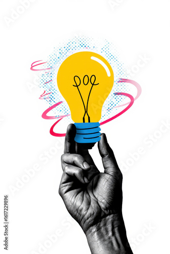 Hand Holding a Bright Yellow Light Bulb with Blue Base Against a White Background, Symbolizing Innovation, Creativity, and the Spark of a New Idea