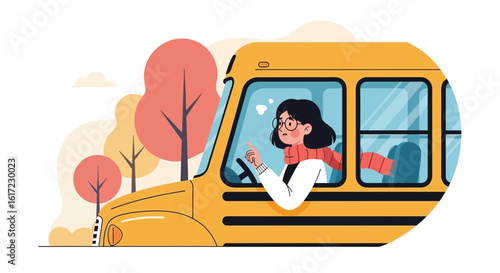 Concentrated School Bus Driver Navigating Autumn Road with Thoughtful Expression