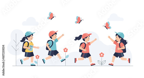 Excited Elementary Students Running Toward School With Butterflies Illustration