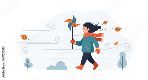 Girl Enjoying Windy Day with Pinwheel in Autumnal Landscape Illustration