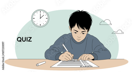 Concentrated Young Student Completing An Exam With Time Pressure Cartoon Illustration
