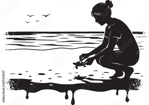Monochrome depiction of a woman tagging a turtle on the shore ne