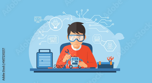 Boy In Safety Glasses Repairing Robot Engineering Inventions Technology Concept
