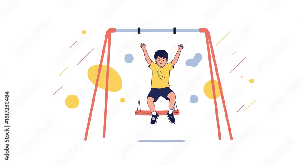 Fototapeta premium Boy Joyfully Swinging High On A Playground Displaying Carefree Childhood Fun