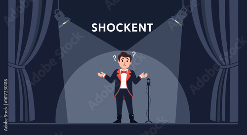Confused Performer On Stage With Question Marks During The Show